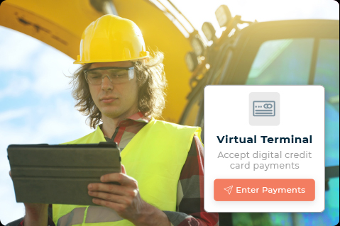 Construction Worker Uses the StandardPay Virtual Terminal On His Tablet in Front of Excavator